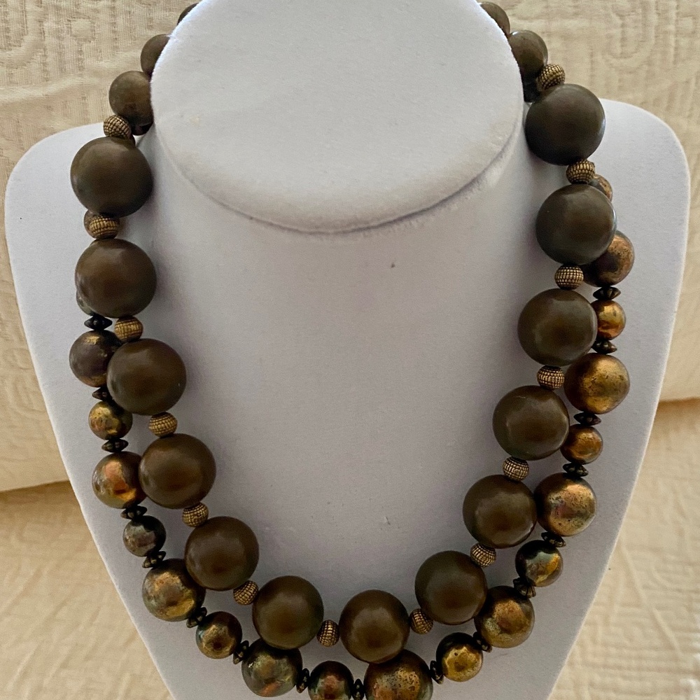 Vintage Brass and Plastic Necklace and Metal Bracelet. Set of 3. Costume Jewelry